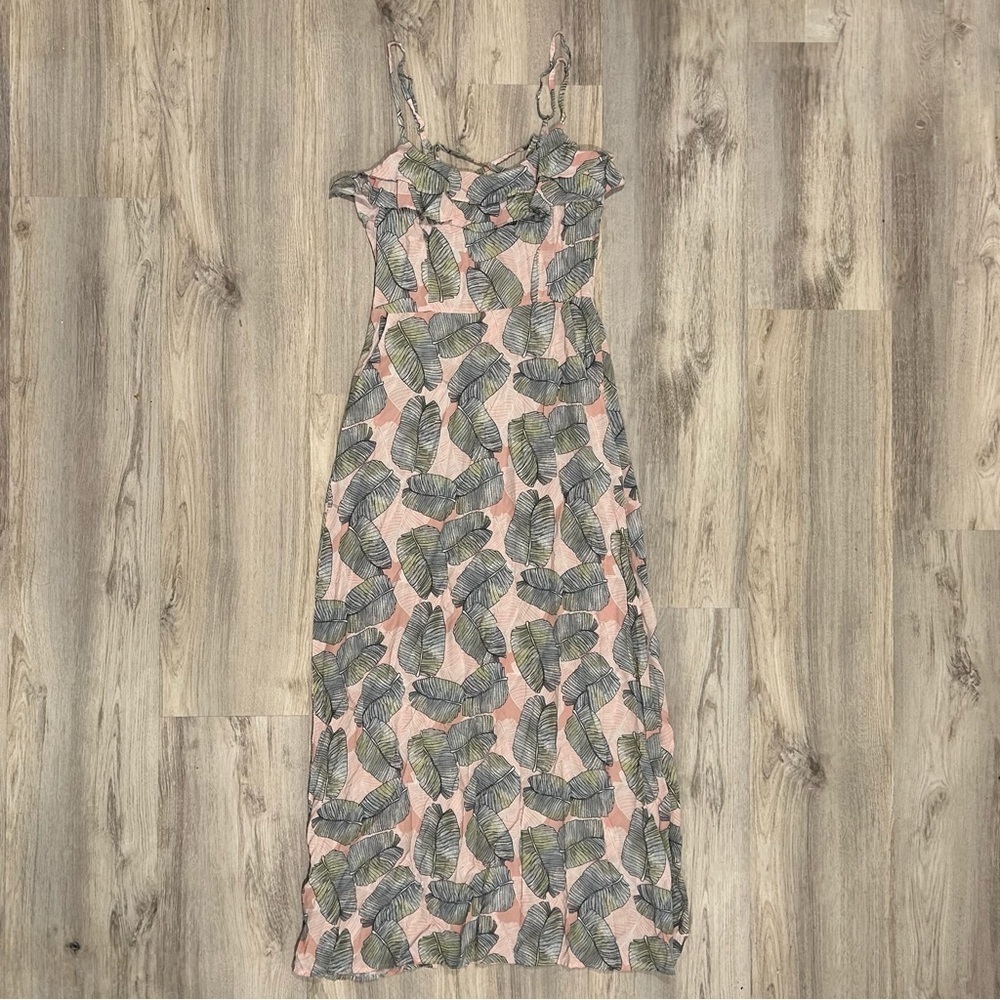 Promesa Pink Leaf Floral Sleeveless Maxi Dress Crisscross Back Tie Ruffle Size L